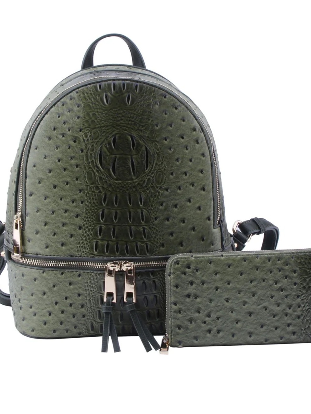 Olive Green Textured Mini Backpack with Matching Wallet